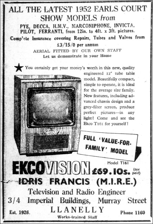 Newspaper Advertisement ~ Idris Francis ~ Television and Radio Engineer, Llanelly Newspaper Advertisement ~ Idris Francis ~ Television and Radio Engineer, Llanelly